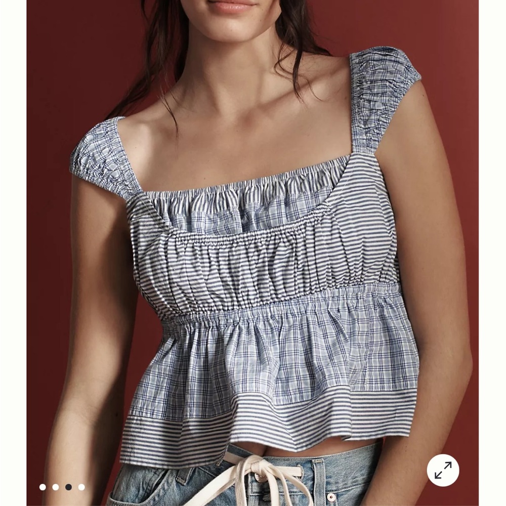 By Anthropologie Shirred Bodice Tank Blue Plaid Babydoll Top